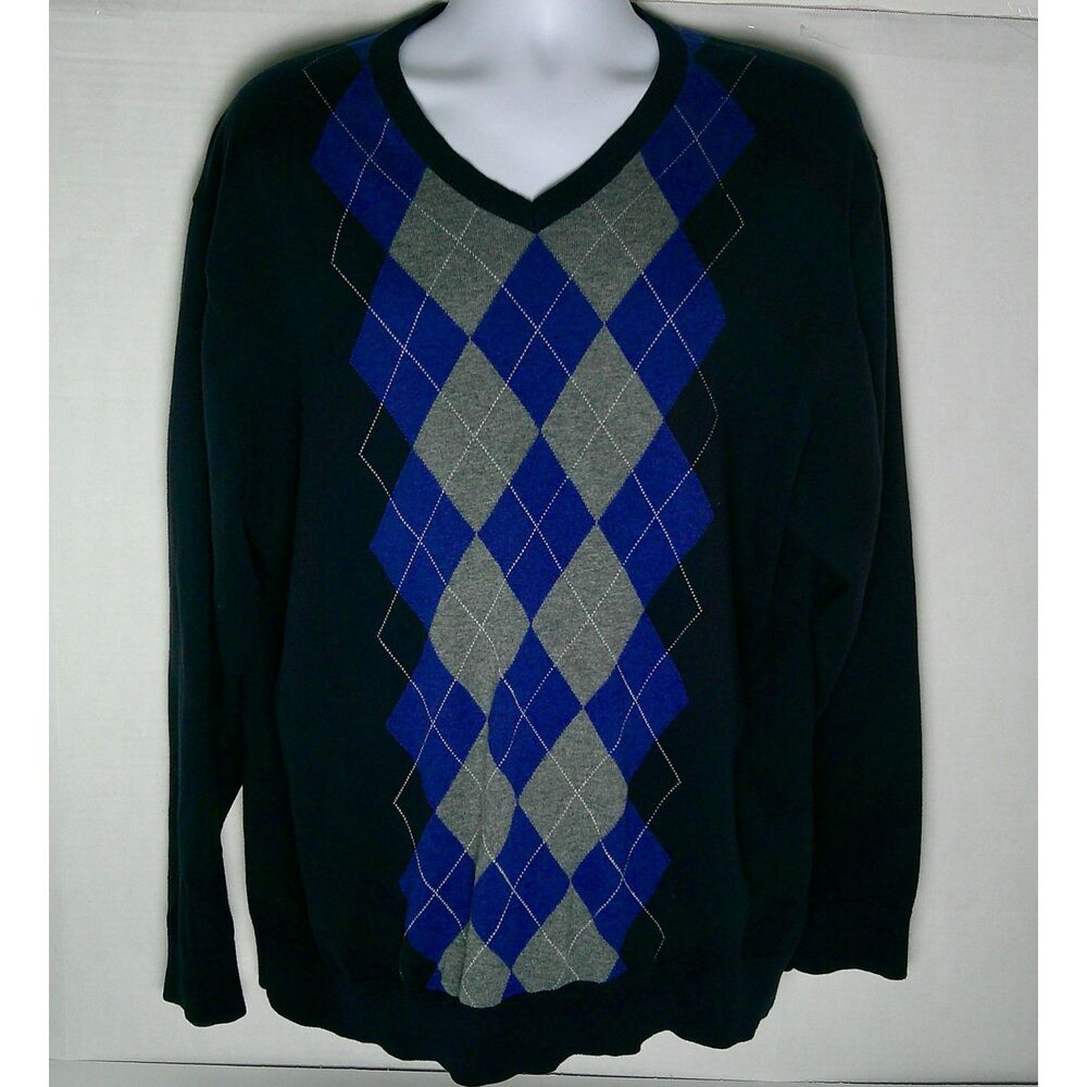 CLAIBORNE NAVY BLUE V-NECK ARGYLE LONG SLEEVE KNIT SWEATER. MEN XXL